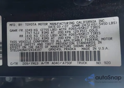 2007 Toyota Tacoma Base V6 z USA, uszkodzony, nr VIN 5TELU42N47Z414197